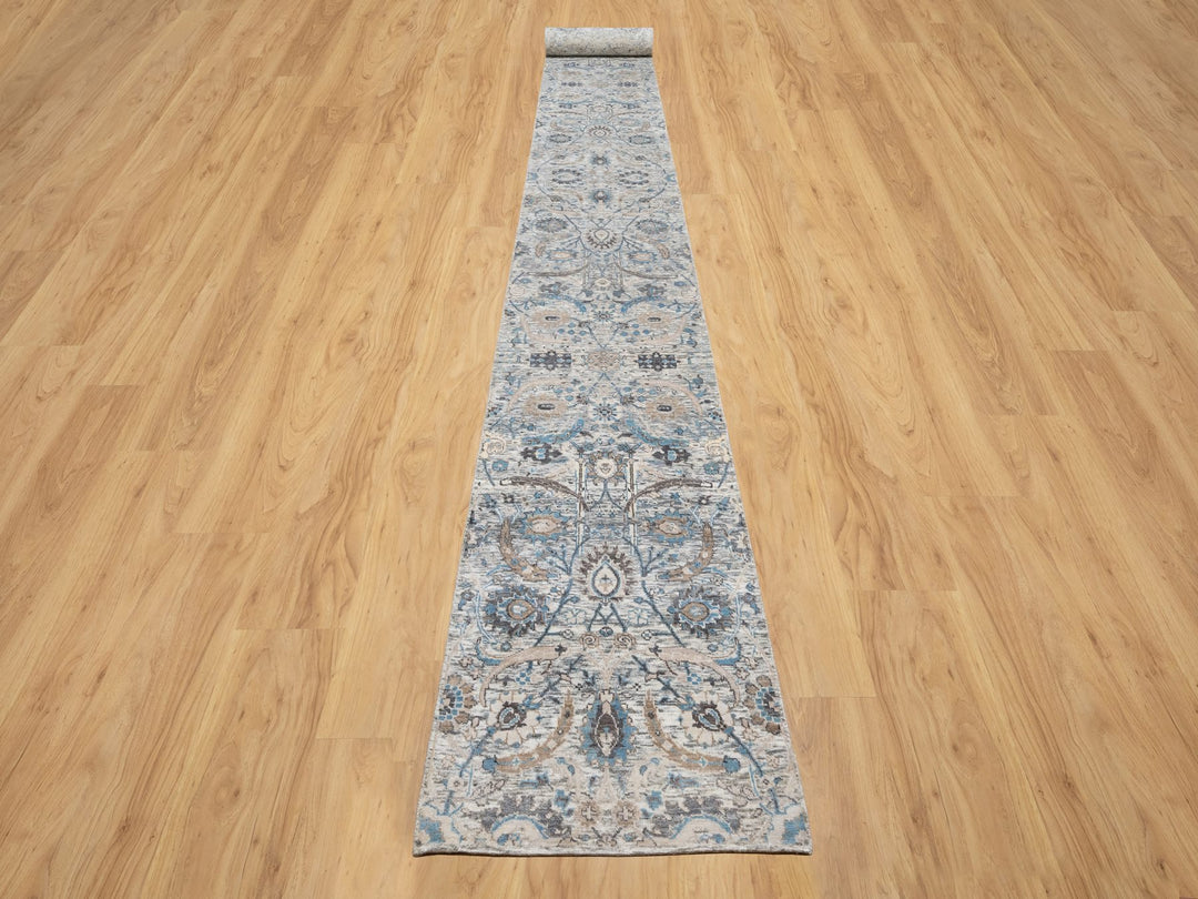 2'7" x 25'9" New Hand Knotted Ivory Wool & Silk Runner Oriental Rug - MOA10290944