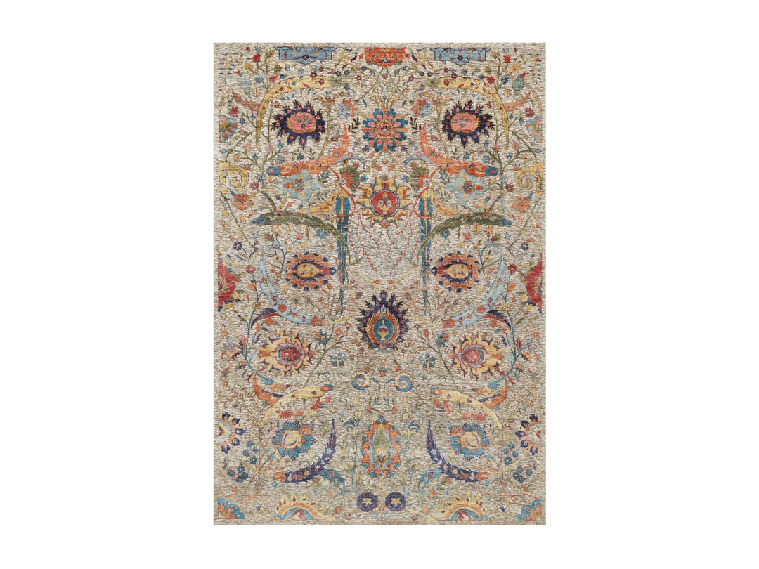 6'3" x 9'1" New Hand Knotted Beige Wool & Silk Rectangle Oriental Rug - MOA10290947