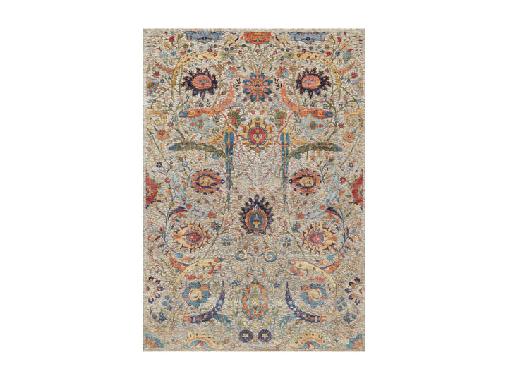 6'3" x 9'1" New Hand Knotted Beige Wool & Silk Rectangle Oriental Rug - MOA10290947