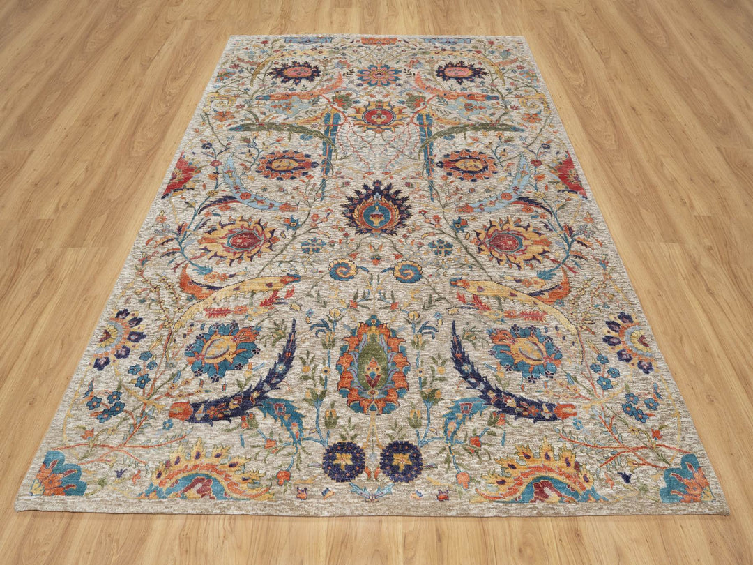 6'3" x 9'1" New Hand Knotted Beige Wool & Silk Rectangle Oriental Rug - MOA10290947