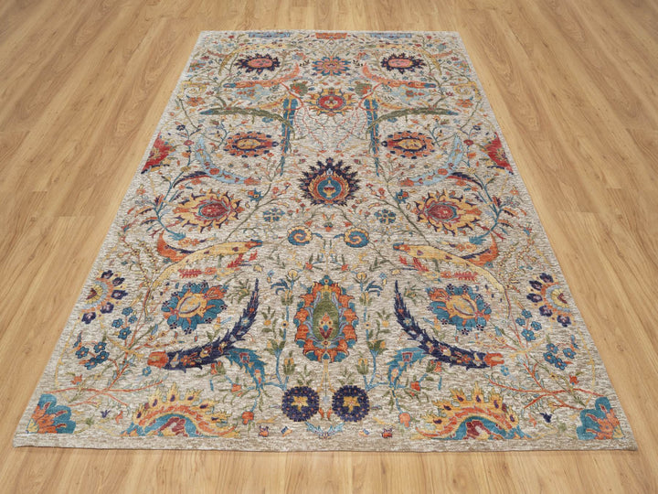 6'3" x 9'1" New Hand Knotted Beige Wool & Silk Rectangle Oriental Rug - MOA10290947