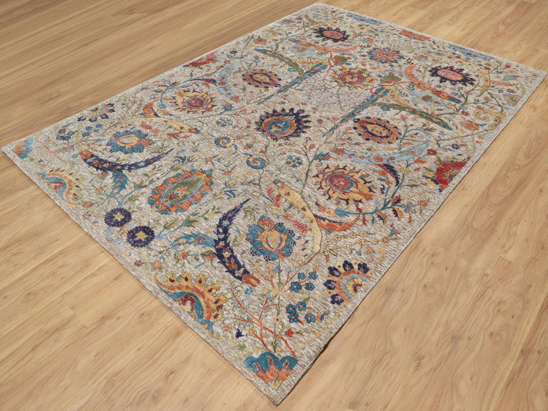 6'3" x 9'1" New Hand Knotted Beige Wool & Silk Rectangle Oriental Rug - MOA10290947