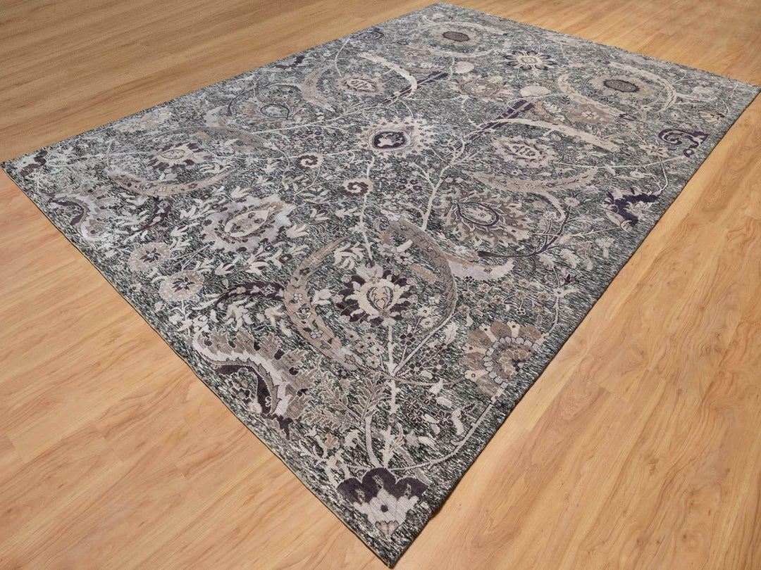 9'11" x 13'10" New Hand Knotted Black Wool & Silk Rectangle Oriental Rug - MOA10290948