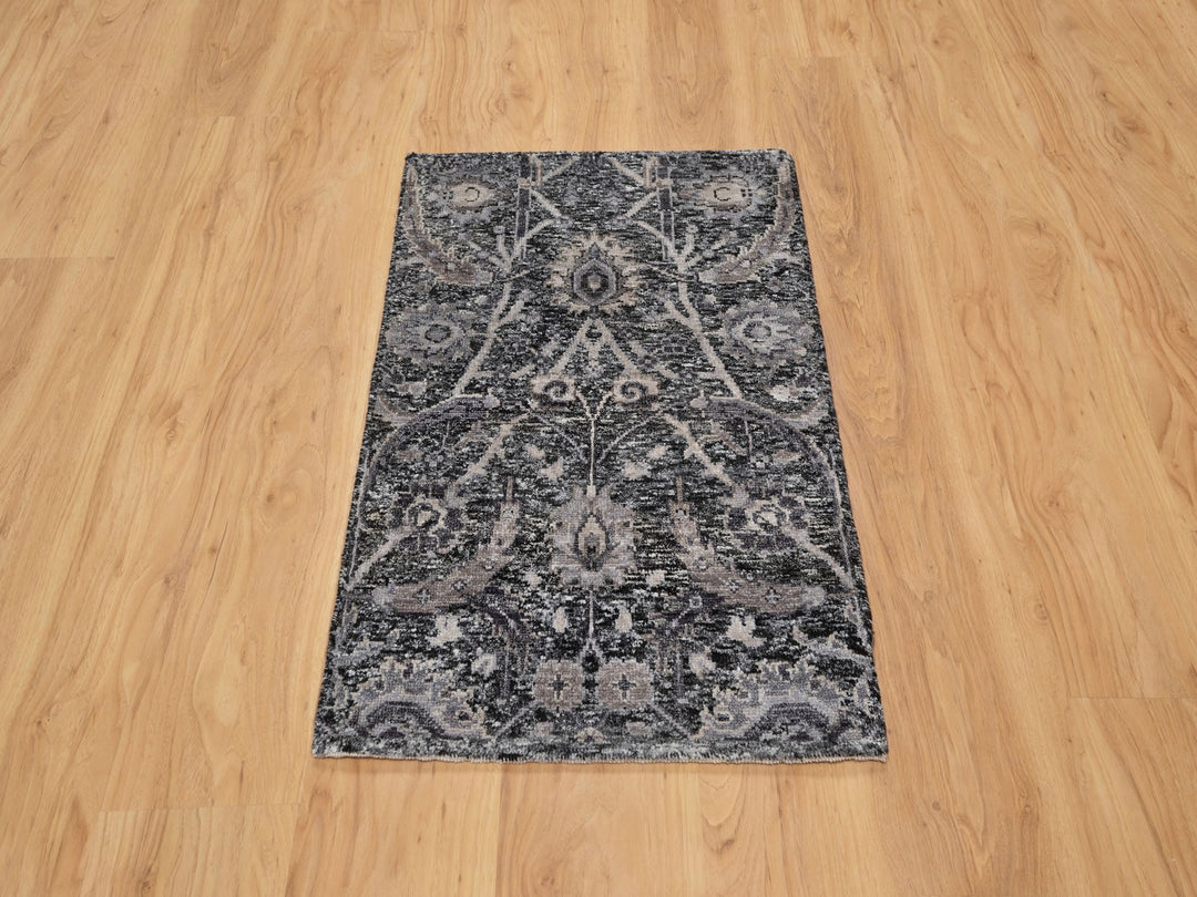 1'11" x 3'0" New Hand Knotted Black Wool & Silk Rectangle Oriental Rug - MOA10290949