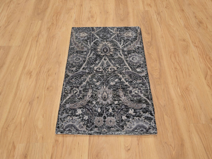 1'11" x 3'0" New Hand Knotted Black Wool & Silk Rectangle Oriental Rug - MOA10290949