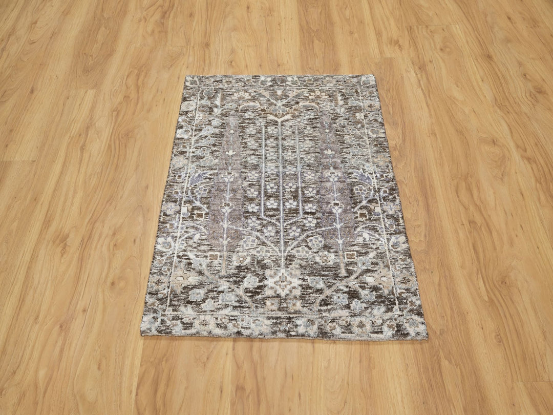 2'1" x 2'11" New Hand Knotted Grey Wool & Silk Rectangle Oriental Rug - MOA10290950