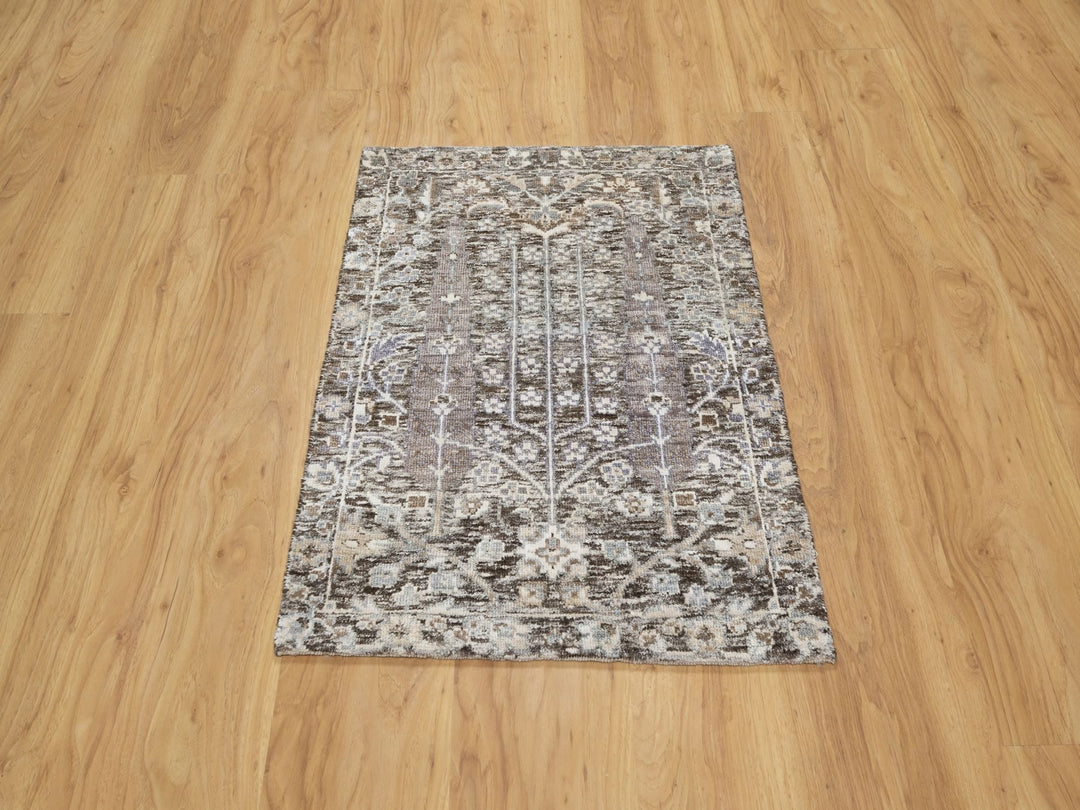 2'0" x 2'11" New Hand Knotted Grey Wool & Silk Rectangle Oriental Rug - MOA10290951