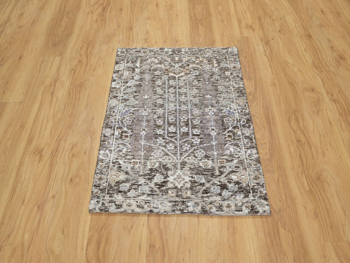 2'0" x 2'11" New Hand Knotted Grey Wool & Silk Rectangle Oriental Rug - MOA10290951