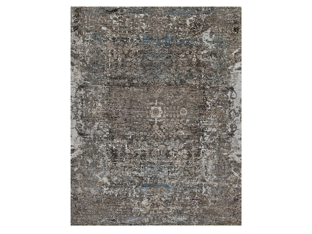 7'11" x 9'10" New Hand Knotted Grey Wool & Silk Rectangle Oriental Rug - MOA10290955