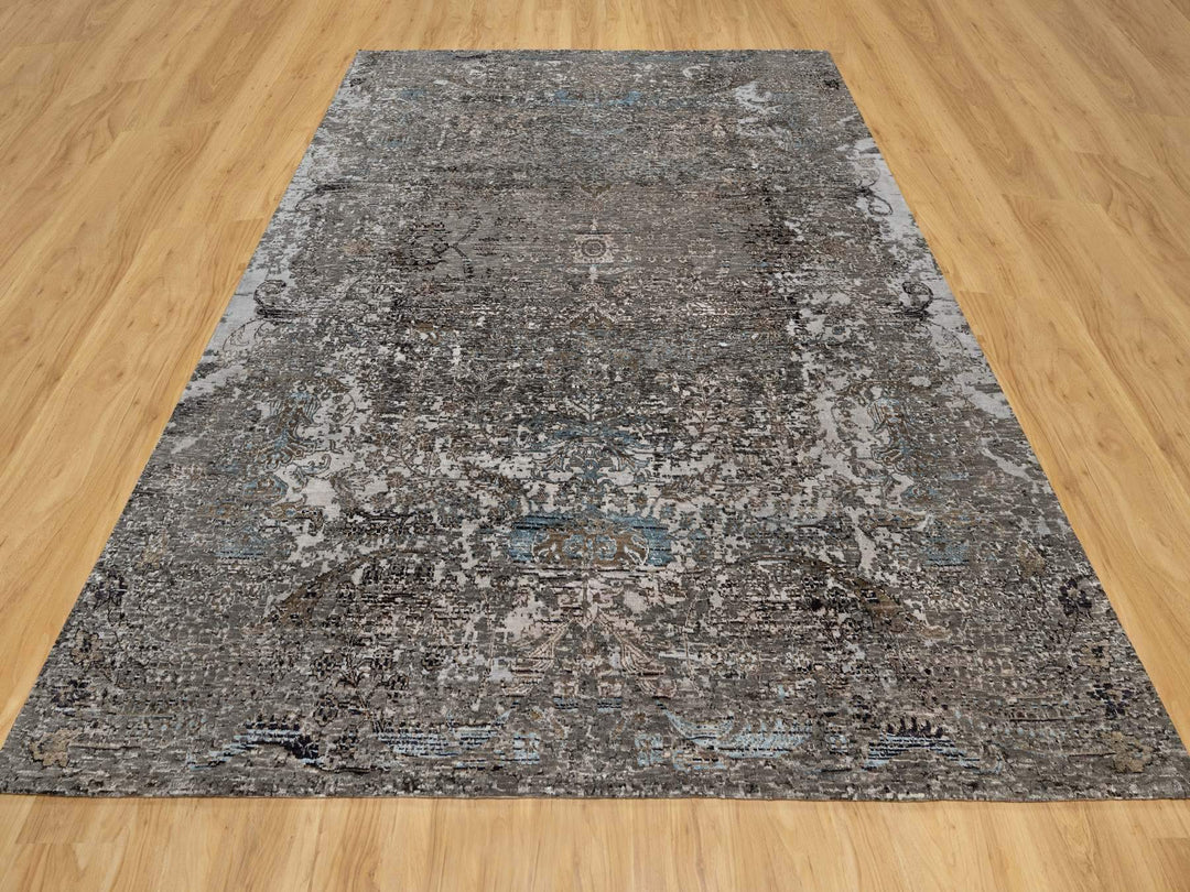 7'11" x 9'10" New Hand Knotted Grey Wool & Silk Rectangle Oriental Rug - MOA10290955