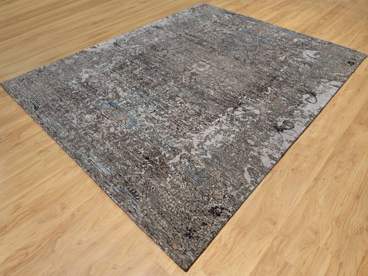 7'11" x 9'10" New Hand Knotted Grey Wool & Silk Rectangle Oriental Rug - MOA10290955
