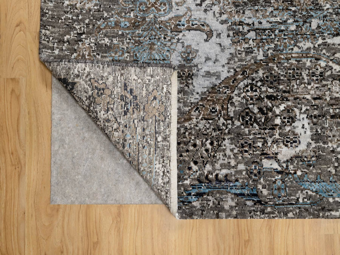 7'11" x 9'10" New Hand Knotted Grey Wool & Silk Rectangle Oriental Rug - MOA10290955