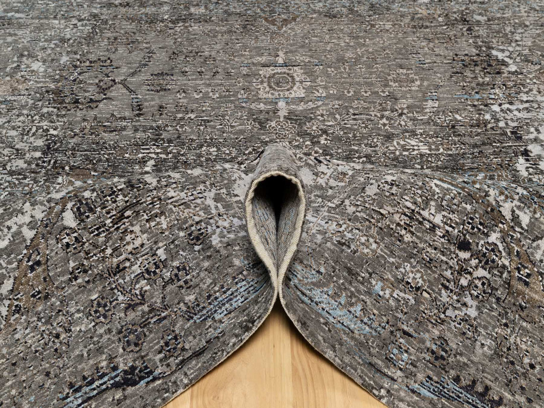 7'11" x 9'10" New Hand Knotted Grey Wool & Silk Rectangle Oriental Rug - MOA10290955