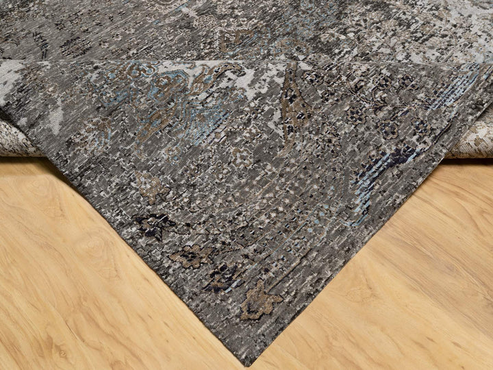 7'11" x 9'10" New Hand Knotted Grey Wool & Silk Rectangle Oriental Rug - MOA10290955