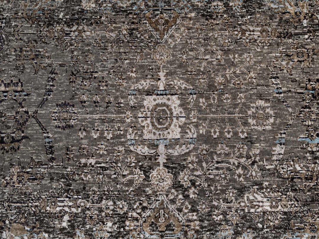 7'11" x 9'10" New Hand Knotted Grey Wool & Silk Rectangle Oriental Rug - MOA10290955