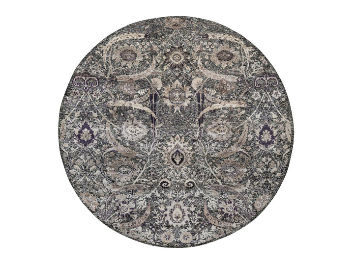 9'6" x 9'6" New Hand Knotted Black Wool & Silk Round Oriental Rug - MOA10290958