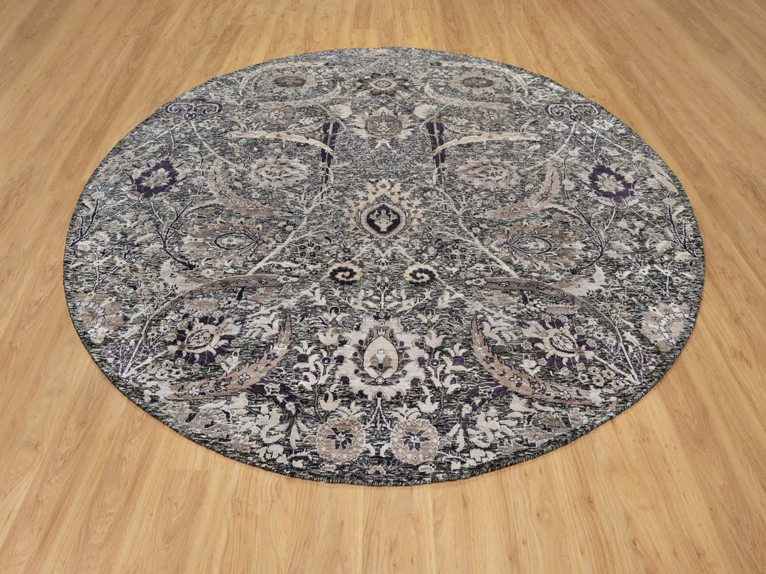 9'6" x 9'6" New Hand Knotted Black Wool & Silk Round Oriental Rug - MOA10290958