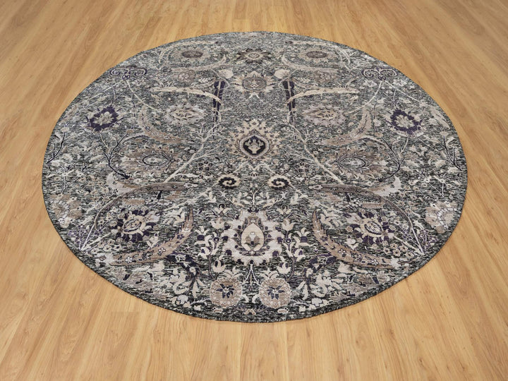 9'6" x 9'6" New Hand Knotted Black Wool & Silk Round Oriental Rug - MOA10290958