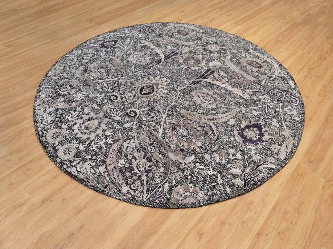 9'6" x 9'6" New Hand Knotted Black Wool & Silk Round Oriental Rug - MOA10290958