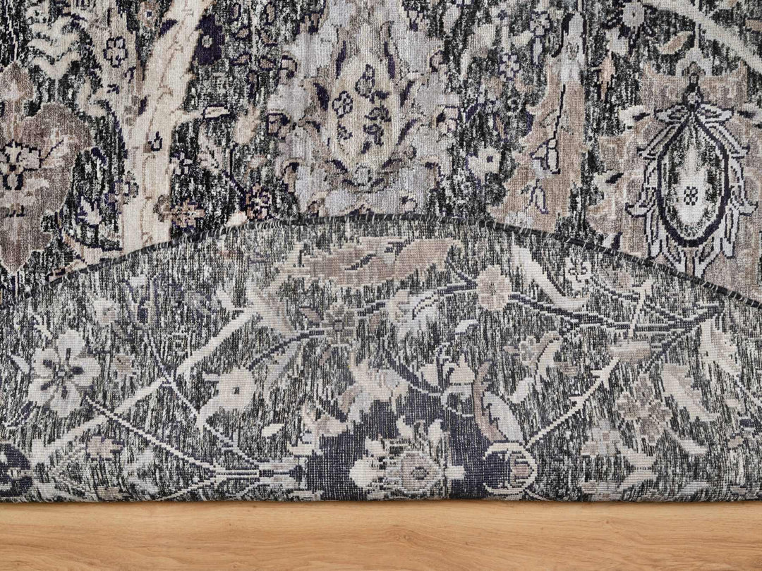 9'6" x 9'6" New Hand Knotted Black Wool & Silk Round Oriental Rug - MOA10290958