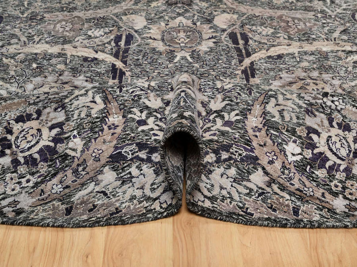 9'6" x 9'6" New Hand Knotted Black Wool & Silk Round Oriental Rug - MOA10290958