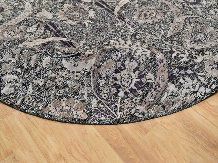 9'6" x 9'6" New Hand Knotted Black Wool & Silk Round Oriental Rug - MOA10290958