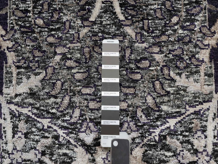 9'6" x 9'6" New Hand Knotted Black Wool & Silk Round Oriental Rug - MOA10290958