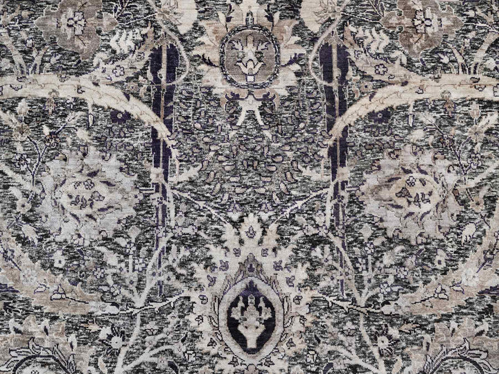 9'6" x 9'6" New Hand Knotted Black Wool & Silk Round Oriental Rug - MOA10290958