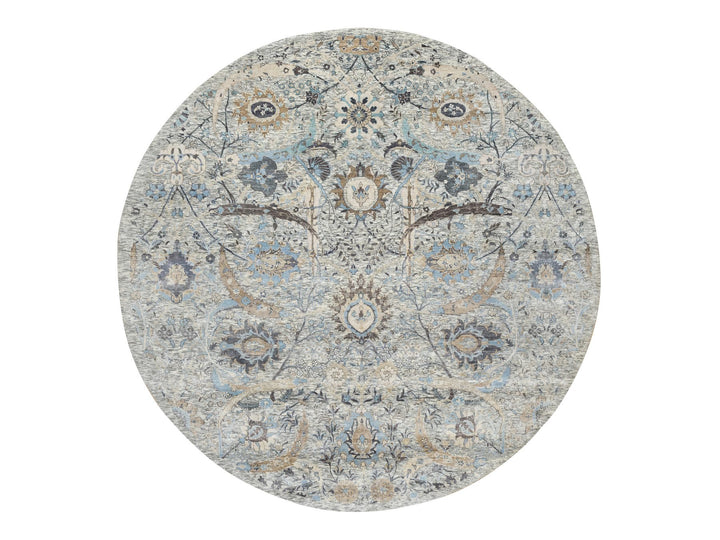 10'1" x 10'1" New Hand Knotted Ivory Wool & Silk Round Oriental Rug - MOA10290959