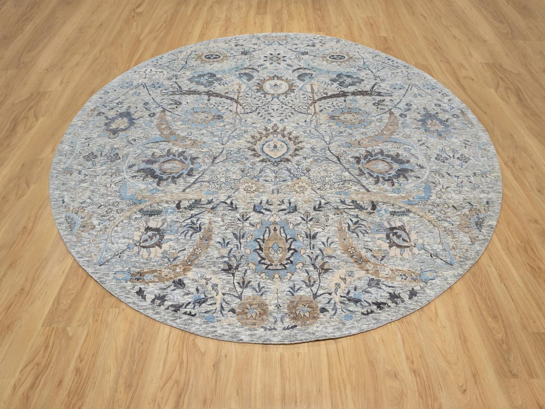 10'1" x 10'1" New Hand Knotted Ivory Wool & Silk Round Oriental Rug - MOA10290959