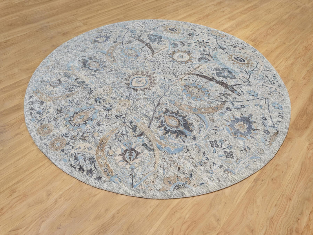 10'1" x 10'1" New Hand Knotted Ivory Wool & Silk Round Oriental Rug - MOA10290959