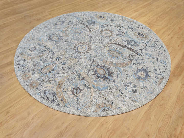 10'1" x 10'1" New Hand Knotted Ivory Wool & Silk Round Oriental Rug - MOA10290959