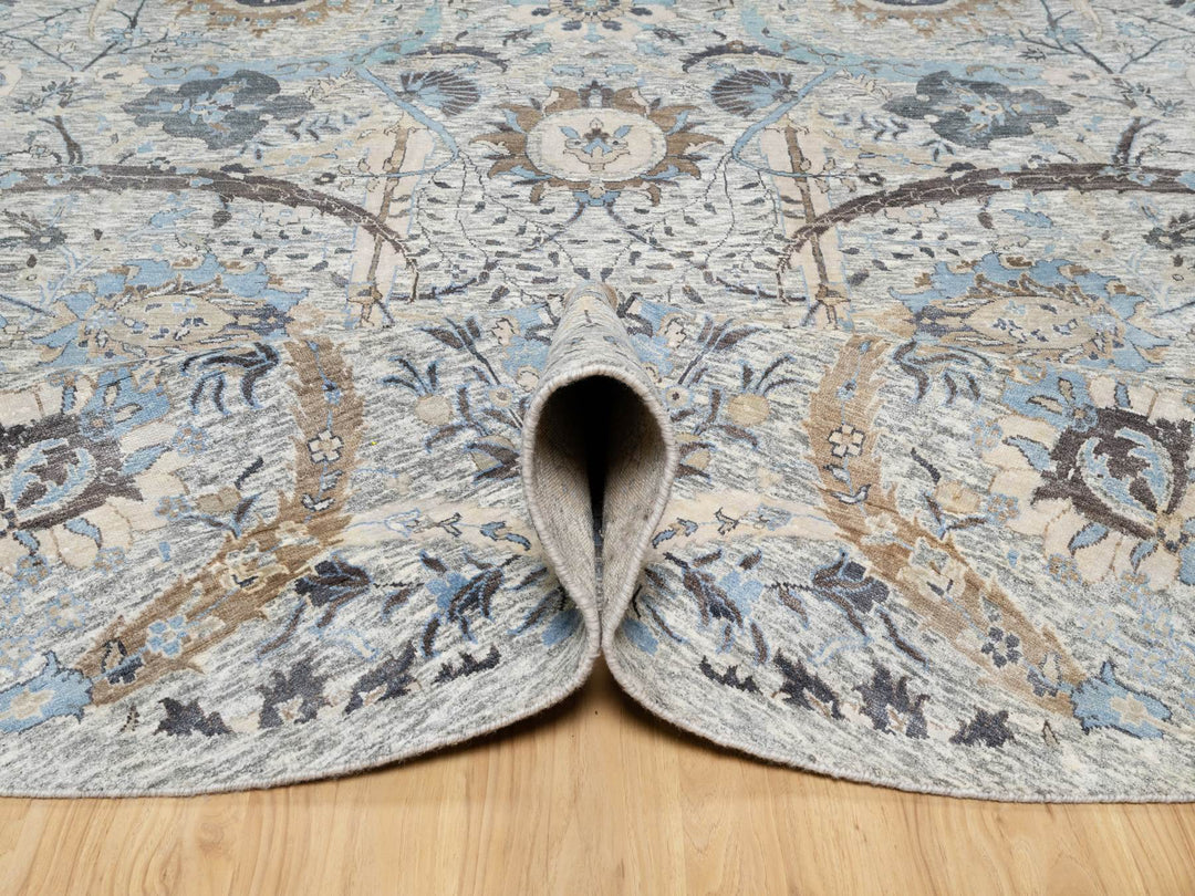 10'1" x 10'1" New Hand Knotted Ivory Wool & Silk Round Oriental Rug - MOA10290959