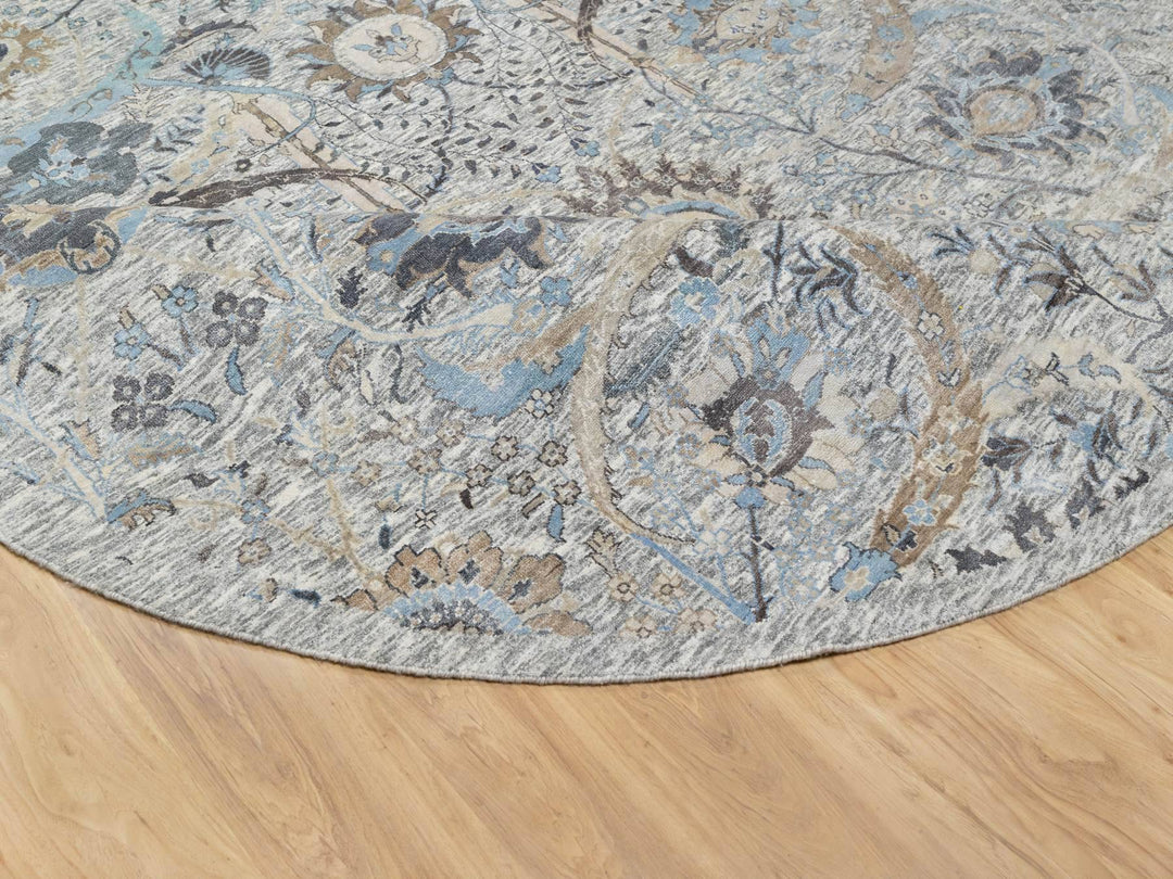 10'1" x 10'1" New Hand Knotted Ivory Wool & Silk Round Oriental Rug - MOA10290959