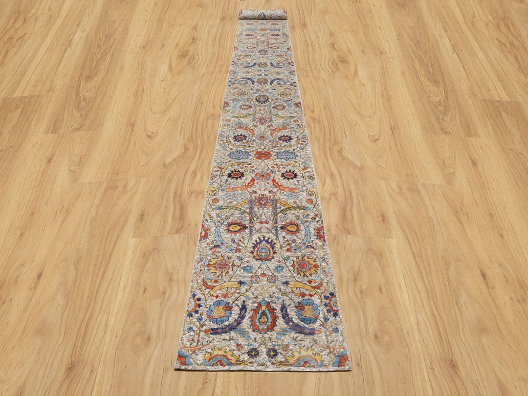 2'7" x 20'2" New Hand Knotted Beige Wool & Silk Runner Oriental Rug - MOA10290962
