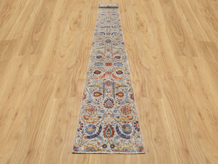 2'7" x 20'2" New Hand Knotted Beige Wool & Silk Runner Oriental Rug - MOA10290962