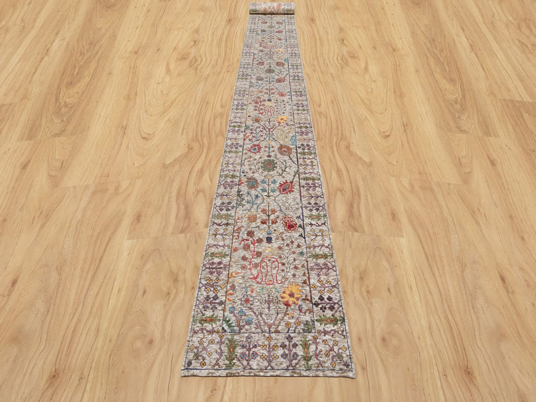 2'6" x 23'10" New Hand Knotted Beige Wool & Silk Runner Oriental Rug - MOA10290963