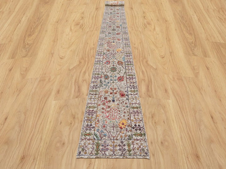 2'6" x 23'10" New Hand Knotted Beige Wool & Silk Runner Oriental Rug - MOA10290963