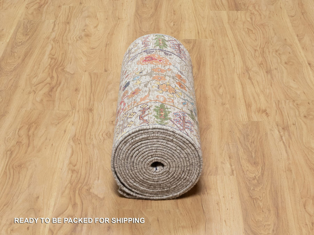 2'6" x 23'10" New Hand Knotted Beige Wool & Silk Runner Oriental Rug - MOA10290963