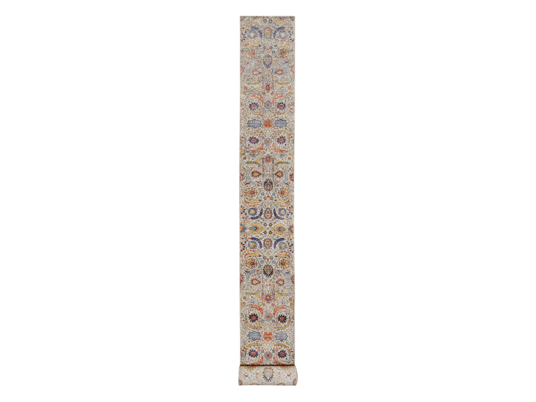 2'6" x 27'7" New Hand Knotted Beige Wool & Silk Runner Oriental Rug - MOA10290965