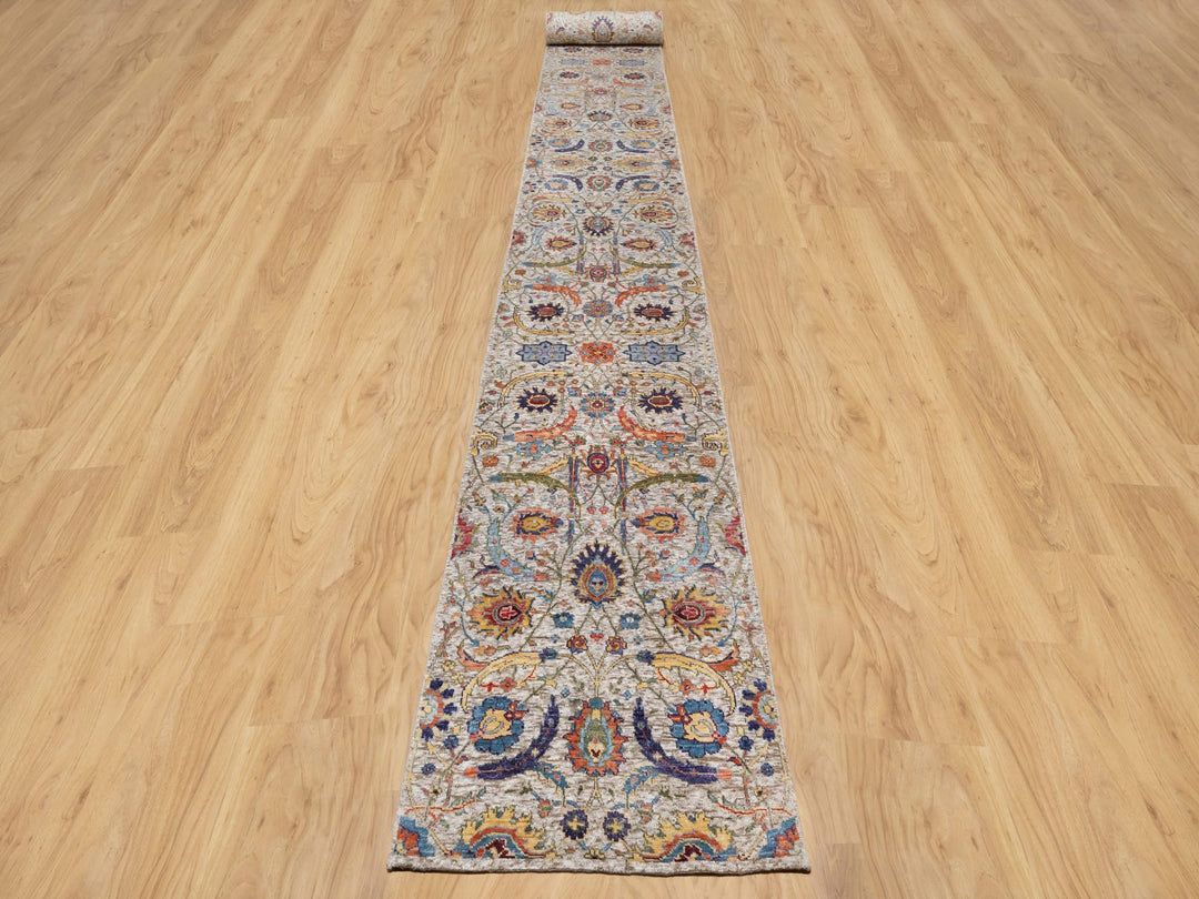 2'6" x 27'7" New Hand Knotted Beige Wool & Silk Runner Oriental Rug - MOA10290965
