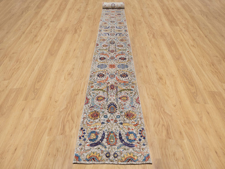 2'6" x 27'7" New Hand Knotted Beige Wool & Silk Runner Oriental Rug - MOA10290965
