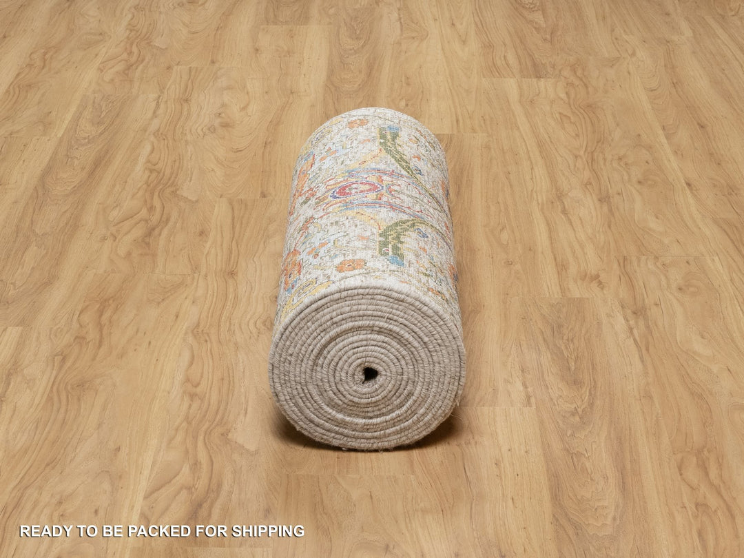 2'6" x 27'7" New Hand Knotted Beige Wool & Silk Runner Oriental Rug - MOA10290965