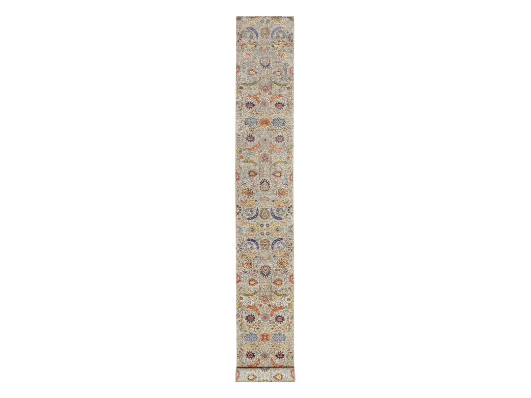 2'7" x 22'1" New Hand Knotted Beige Wool & Silk Runner Oriental Rug - MOA10290971