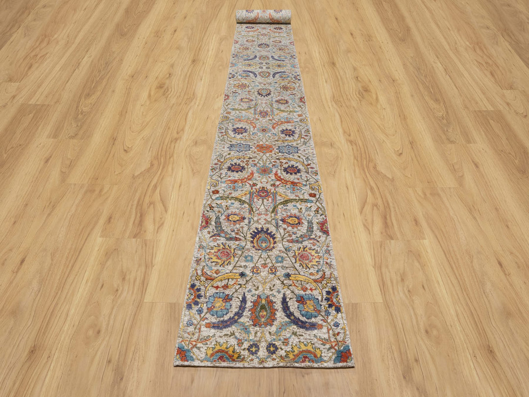 2'7" x 22'1" New Hand Knotted Beige Wool & Silk Runner Oriental Rug - MOA10290971