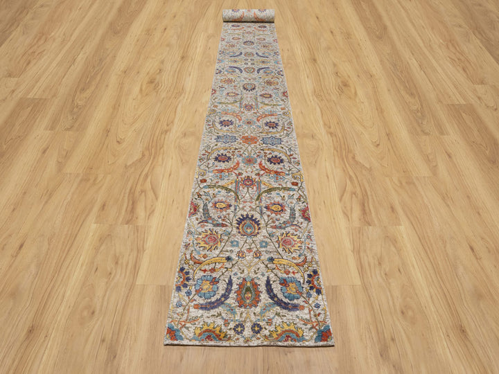 2'7" x 22'1" New Hand Knotted Beige Wool & Silk Runner Oriental Rug - MOA10290971