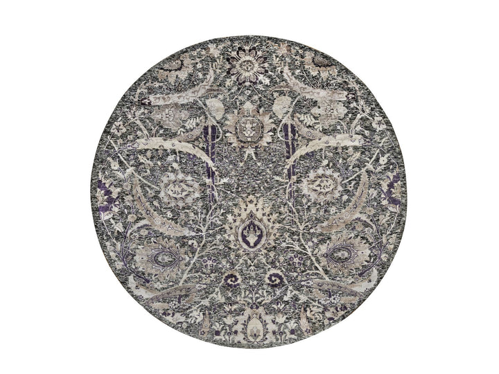 7'10" x 7'10" New Hand Knotted Black Wool & Silk Round Oriental Rug - MOA10290973