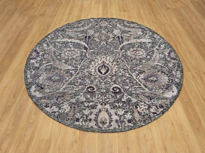7'10" x 7'10" New Hand Knotted Black Wool & Silk Round Oriental Rug - MOA10290973