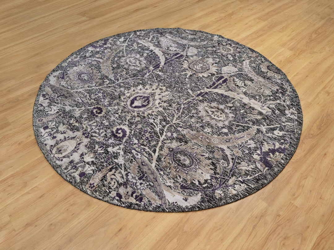 7'10" x 7'10" New Hand Knotted Black Wool & Silk Round Oriental Rug - MOA10290973