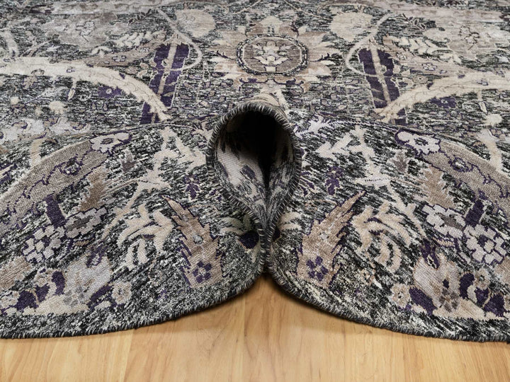 7'10" x 7'10" New Hand Knotted Black Wool & Silk Round Oriental Rug - MOA10290973